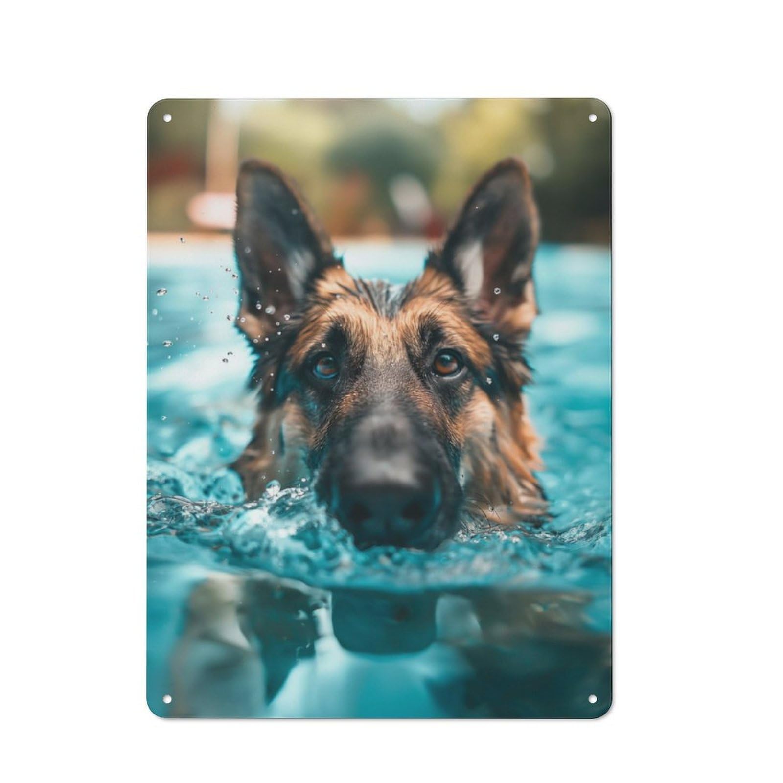 Tin Wall Sign with German Shepherd Pool Sunny Design 40x30cm, Classic Bistro Wall Plaque for Bakery, Diner, Cafe Or Family Room