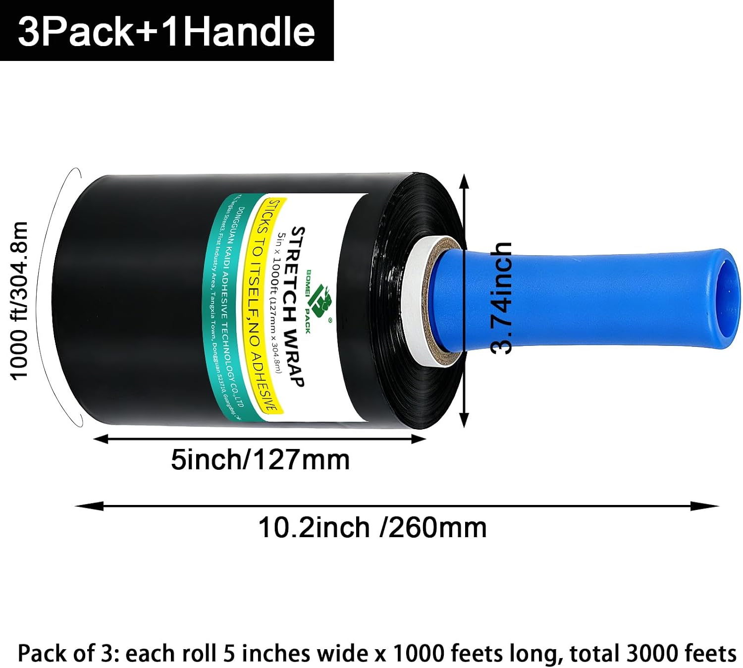 BOMEI PACK Stretch Film Shrink Wrap Roll - 80 Gauge 5" x 1000Ft - Industrial Strength Plastic Wrap with Handle Durable Self-Adhering Mini Black Wrap for Moving, Packing, Furniture & Pallet, 3-Pack image 2