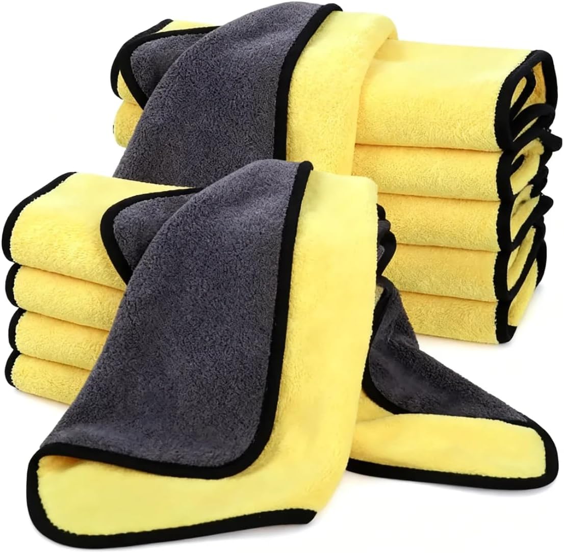 10 Pack Premium Microfiber Towels for Cars - Coral Velvet Ultra-Soft Super Absorbent Drying Towels, Lint-Free Streak-Free Car Detailing Cloth, 11.8"x15.7" Yellow/Grey