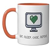 Eat Sleep Code Repeat Pixel Art Retro Computer Programmer Ceramic Mug, Orange/White