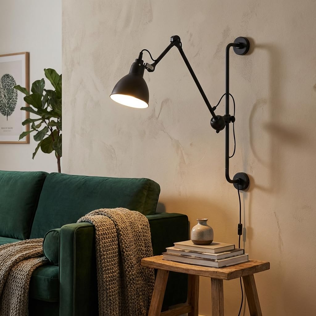 BARCELONA LED Wandleuchte mit Gelenkarm E27 Schwarz und Chrom, industrielle Vintage Metall-Wandlampe mit Kabel, Stecker und Schalter, Leseleuchte für Schlafzimmer, Büro und Wohnzimmer