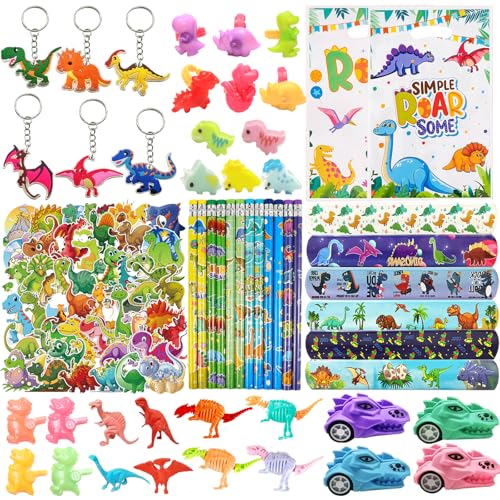 QZYCMHOO 170PCS Dinosaur Party Favors Set, Dino Birthday Decorations Including Slap Bracelets, Keychains, Gift Bags, DIY Stickers, Drinking Straws, Dinosaur Birthday Supplies