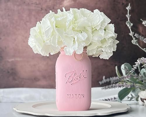 Miniatura 10 de Pink Mason Jars - Hand Painted Distressed Mason Jar, QUART 32 oz. Regular Mouth, Rustic Farmhouse Mason Jar With Twine, Pink Flower Vase, Baby