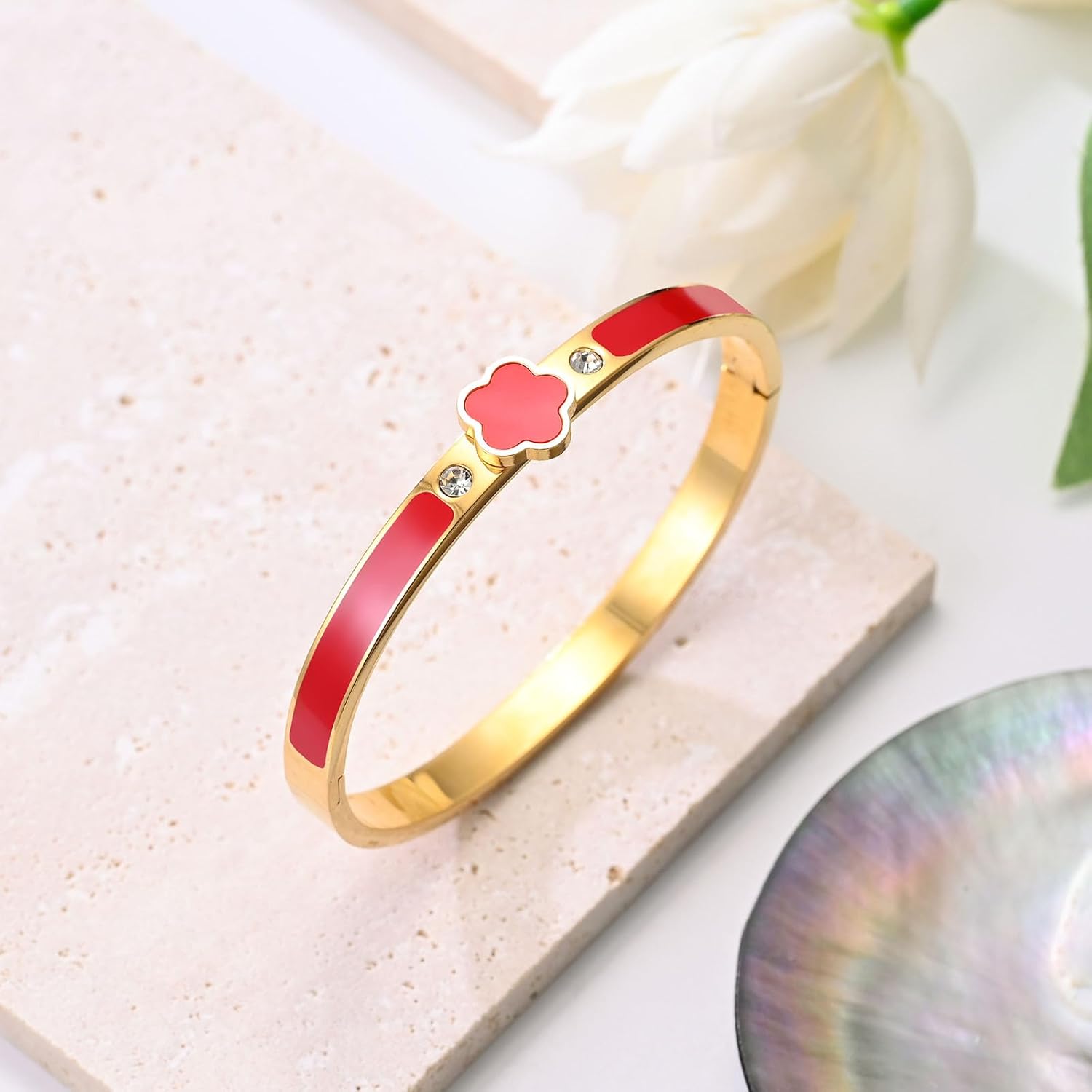 Chunky 18K Gold-Plated Clover Bangle Bracelet for Women.Black White Pink Red Five Leaf Clover Jewelry Simple Cute Friendship Bangle Bracelet for Women Trendy Holiday Gifts - Image 6