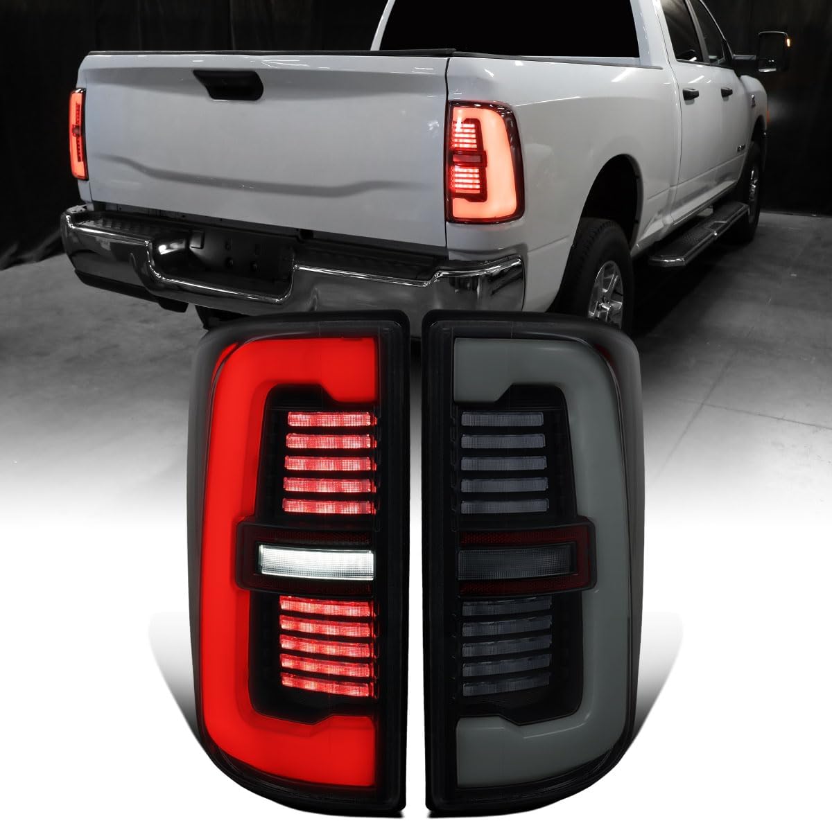 Ronnin - Fits 2019-2024 Ram 2500 3500 Halogen Model Replacement Full LED Tail Lights Sequential Turn Signal + Animated Startup Effect Assembly Pair | Black Smoke | White Tube