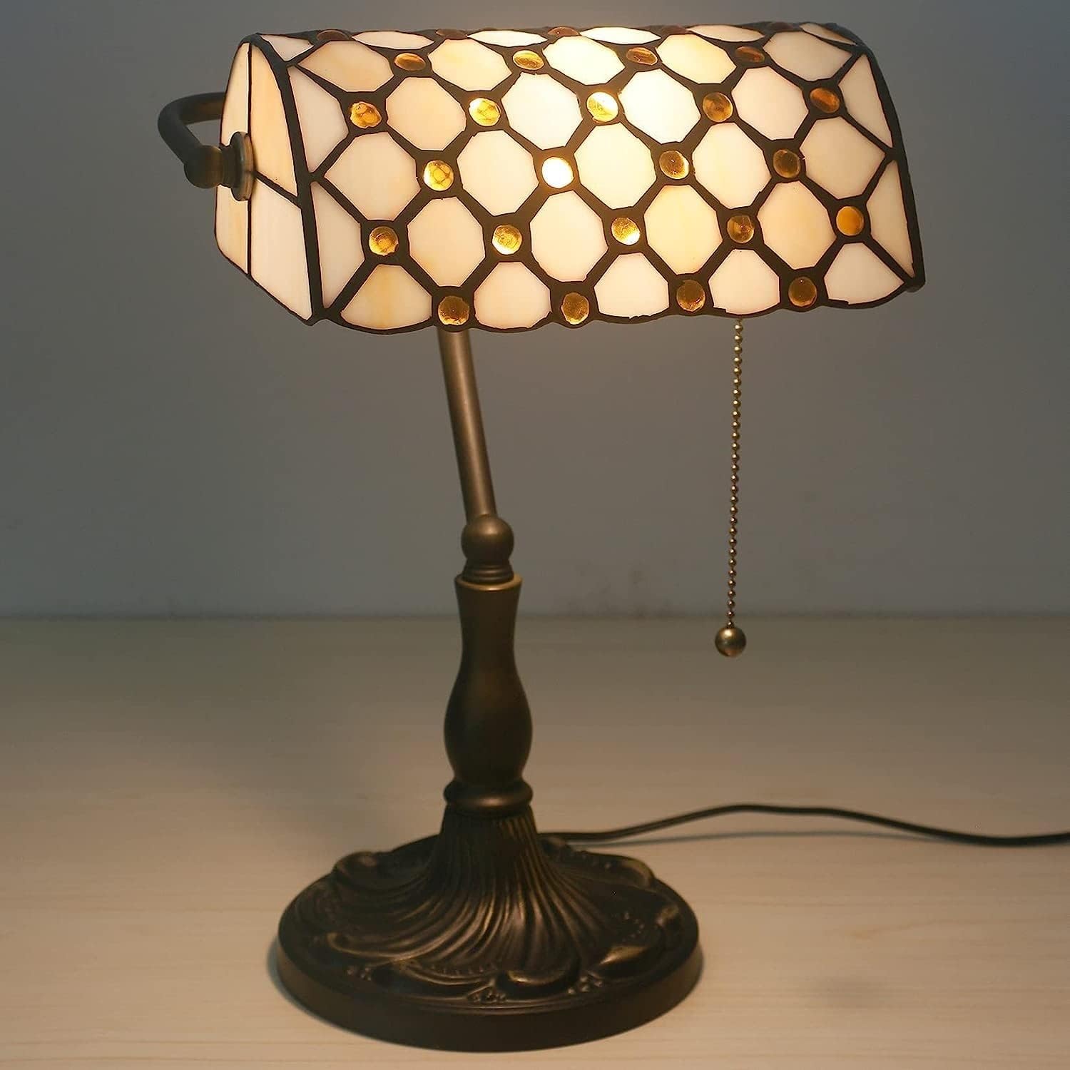 Bankiers Tischlampe, farbige Glaslampe, Kristallperlenschreibtischlampe, Schlafzimmer in der Nacht Leselampe (beige brauner Glasperlenschatten) Innovate