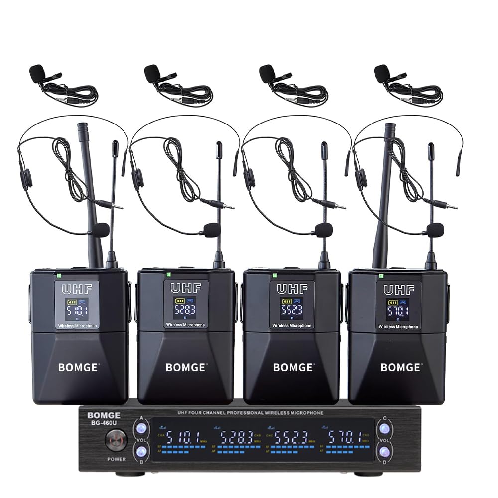 BOMGE 4 Channel UHF Wireless Microphone System with Lavalier Headset Mics, 4x50 Adjustable Frequencies, Ideal for Karaoke Meeting Church, 300ft Range (4 Bodypack)