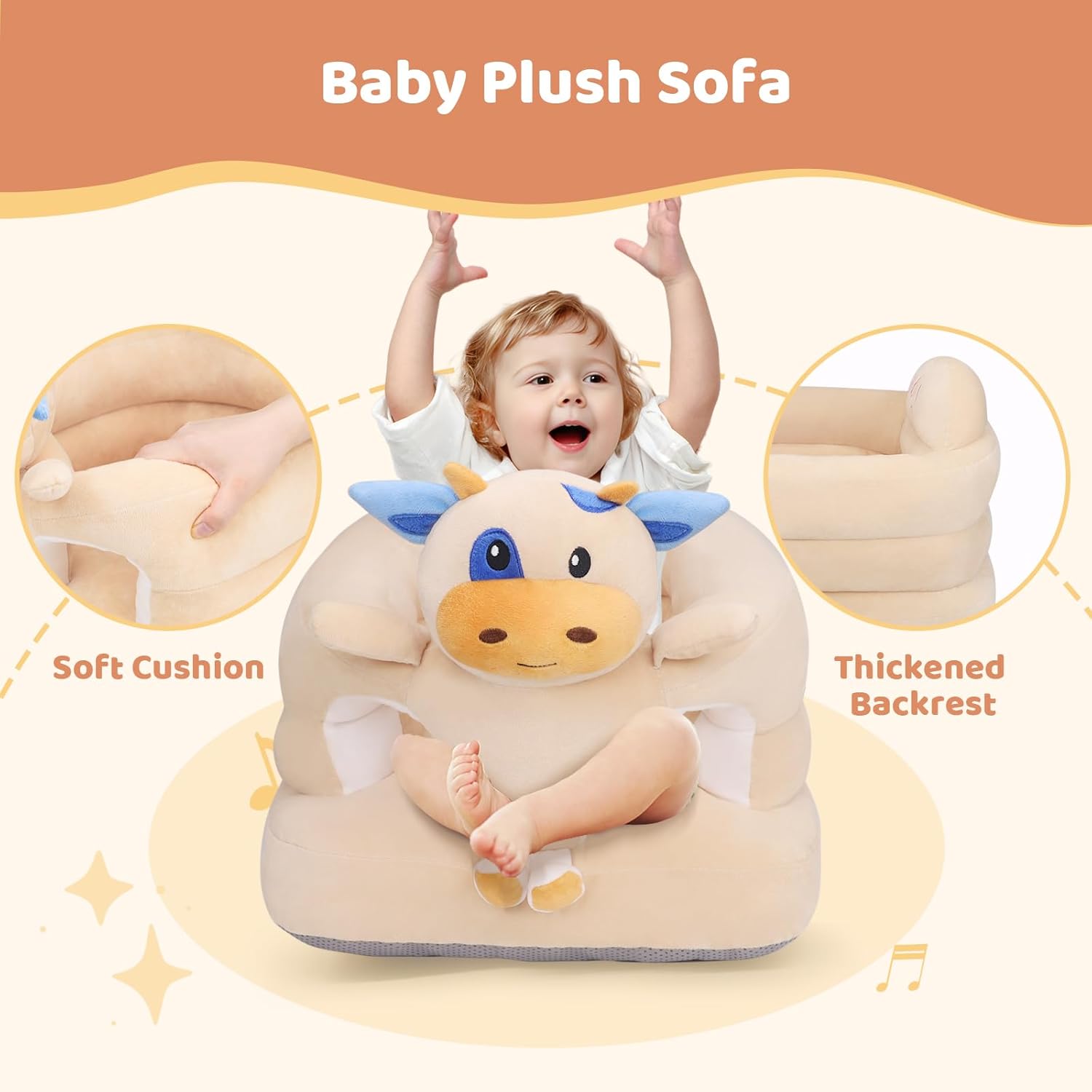 vocheer Sit Me Up Floor Seat for Baby Chair for Sitting Up Support Seat Sofa Plush Animal Shaped Baby Learning to Sit Chair for 3-24 Months Girls and Boys, PP Cotton Full Filling,Cow