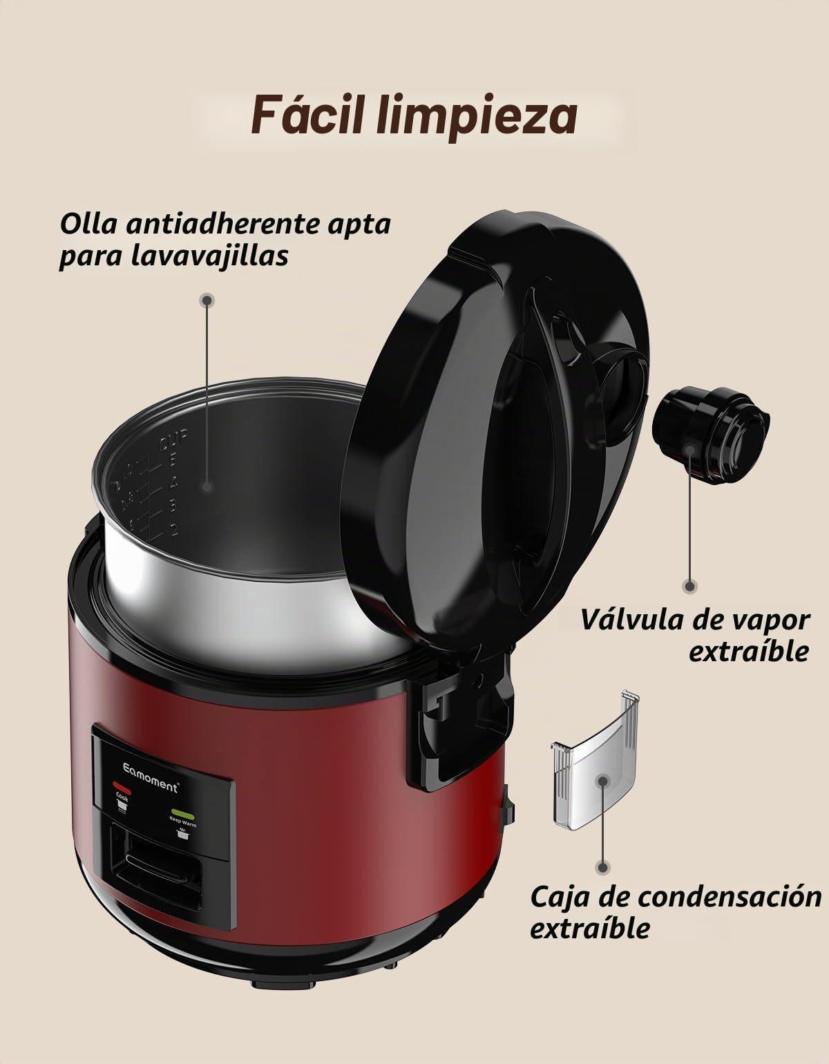 1L | 400 W arrocera y vaporera (1 litro-5 tazas) para 1 – 5 personas, cocción rápida sin quemar, extraíble antiadherente, cuchara de arroz y vaso medidor (Rojo)