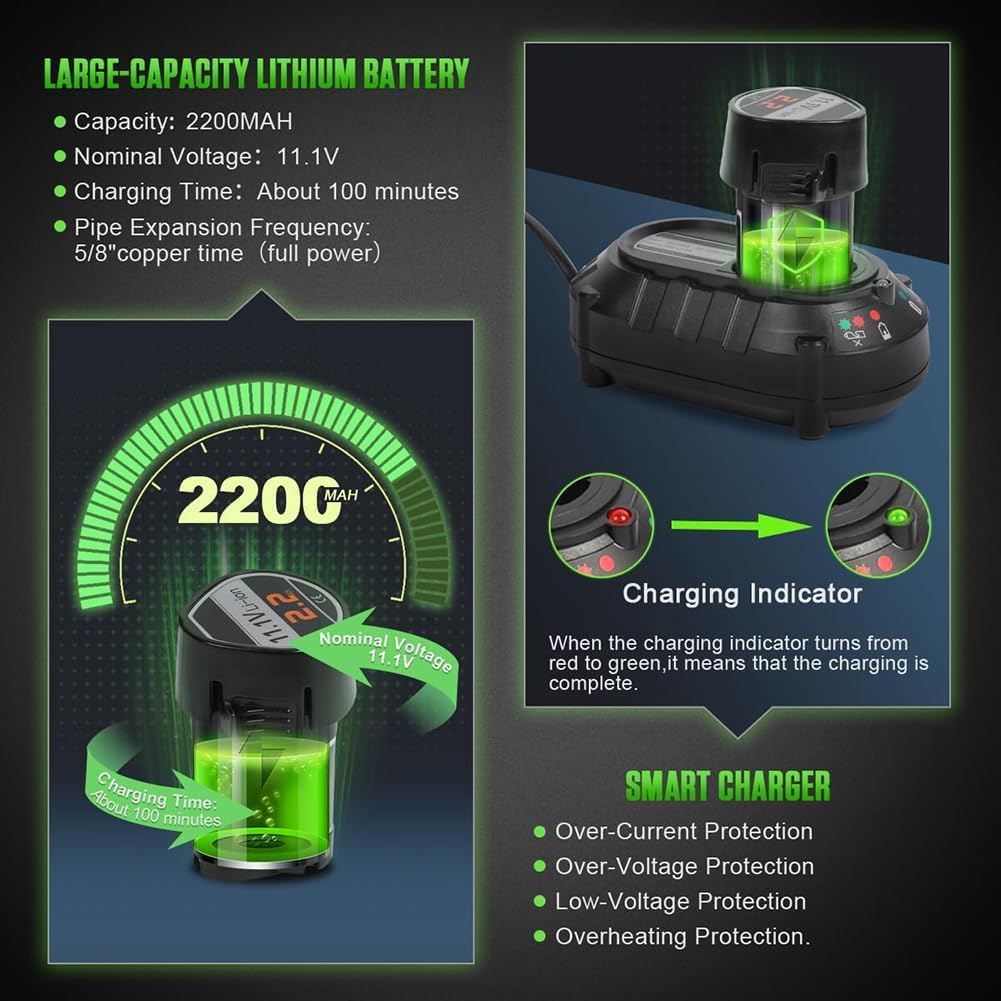 Kit di utensili elettrici per svasatura, design a cono eccentrico senza fili, batteria al litio da 2200 mAh per HVAC, adatto per tubi in rame, alluminio, ottone, include morsetti svasati e