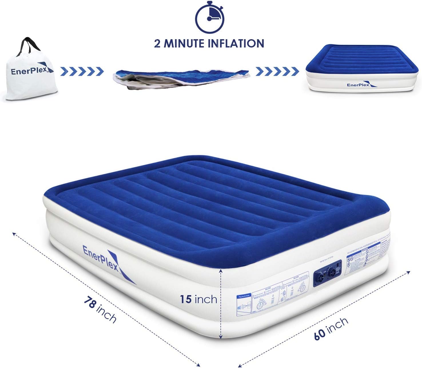 EnerPlex Queen Air Mattress for Camping, Travel & Home - Luxury, 15-Inch Double Height Inflatable Bed w/ Built-in Dual Pump : Sports & Outdoors