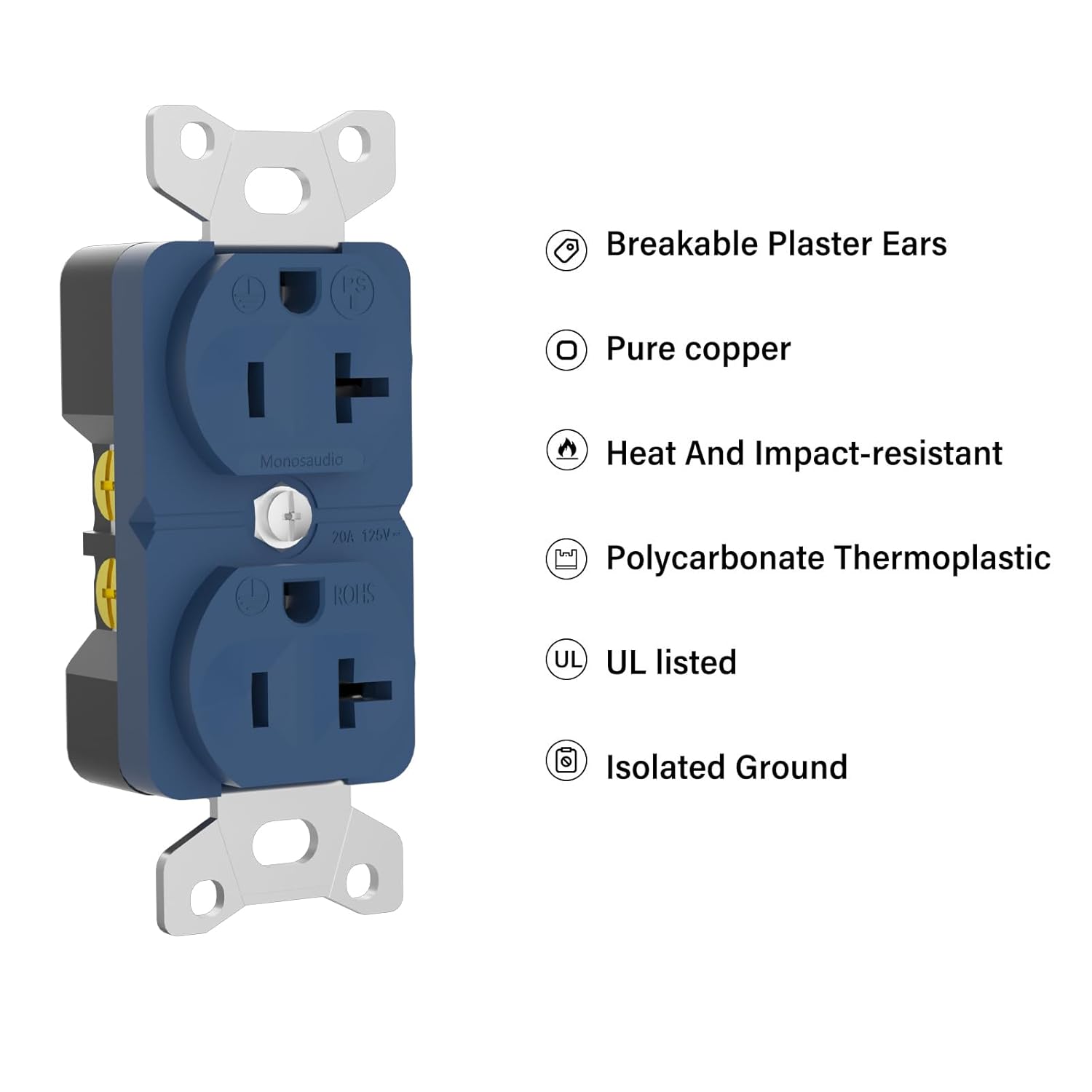 Monosaudio Audiophile Duplex Receptacle 20 Amp 125V Pure Copper Audio Wall Outlet Ac Power Receptacle Hospital Grade Outlet with Flame Retardant Shell for Home Stereo Sound Systems(Rhodium Plated)