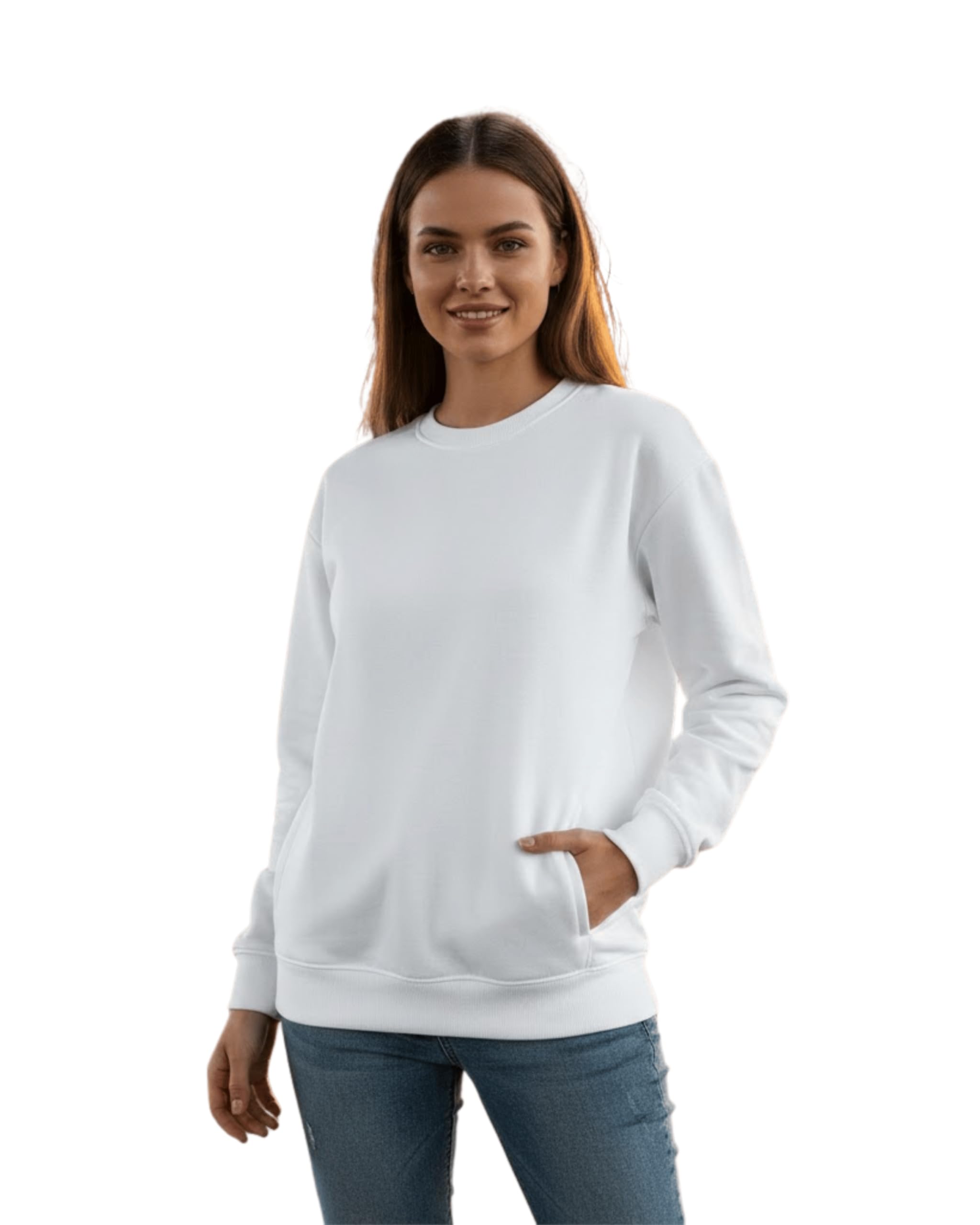 Women's Crew Neck Sweatshirt, Long Sleeve, Ribbed Cuffs and Hem (in, Alpha, S, Regular, White)-image-30