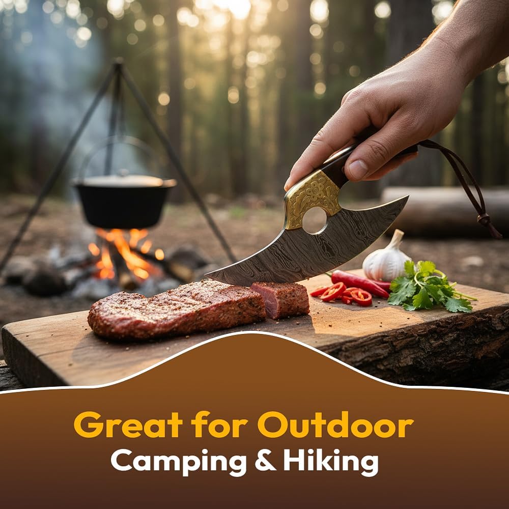 Dessi Alaskan Ulu Knife Damascus Steel Rocker Blade for Chopping Mincing Slicing, Rose Burl Wood Handle Engraved Brass Bolster, Leather Sheath & Lanyard, Kitchen Mezzaluna Cutter SM145