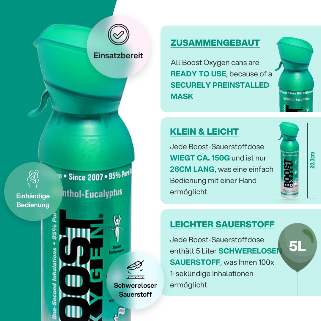 Czysty tlen w puszce – 40 litrów MENTOLOWY EUKALIPTUS naturalnego, 95% czystego tlenu w przenośnym 5 litrowym pojemniku na ponad 800 inhalacji.