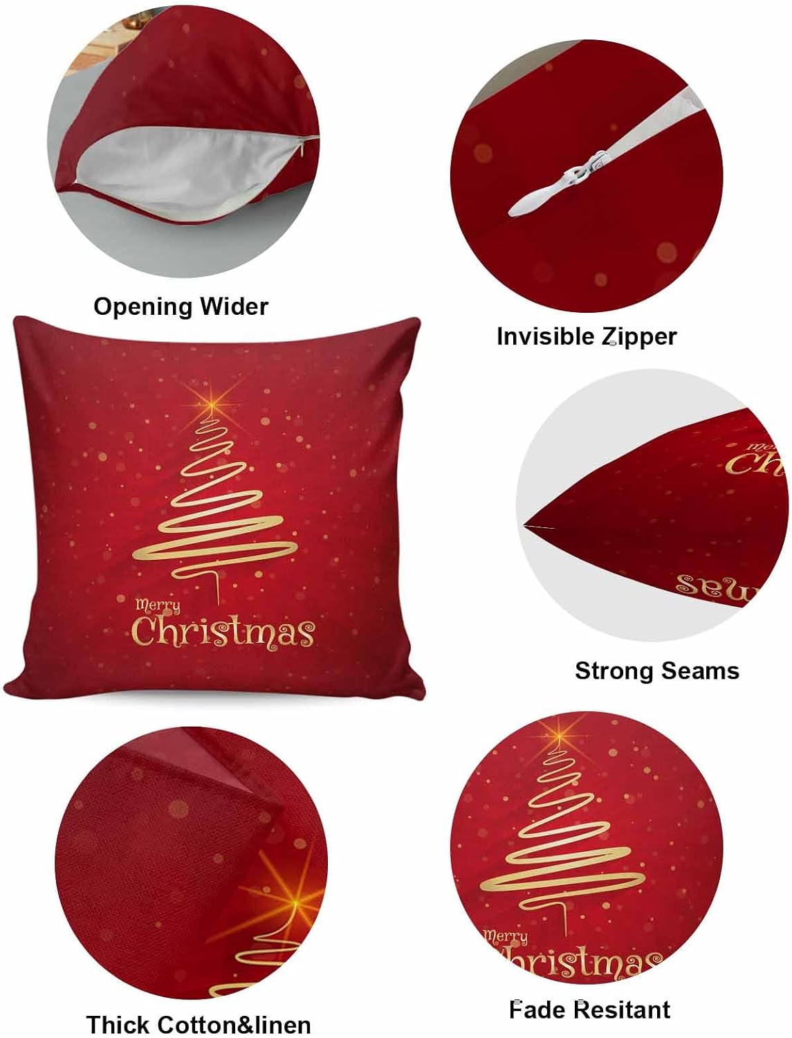 JasmineM Merry Christmas Tree Pillow Covers 18x18 Inch Set of 2, Christmas Decorations Red Gold Outdoor Throw Pillow Covers, Winter Holiday Square Pillowcases for Patio Sofa Couch Bedroom Decorative