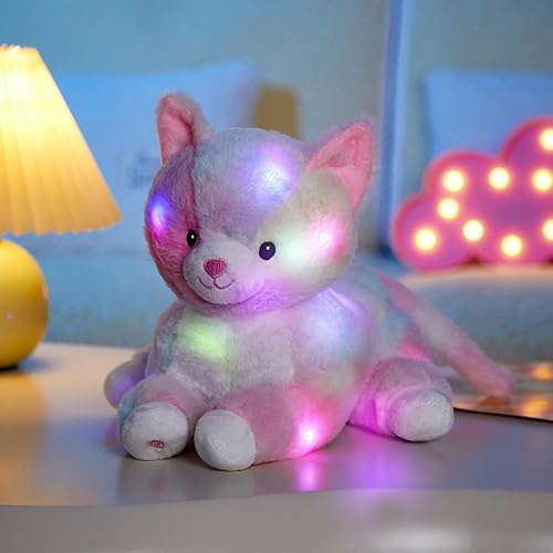 Miniatura 2 de Glow Guards Juguete de peluche de gato arcoíris iluminado de 13 pulgadas, diseño de gatito arcoíris suave, cama de peluche, luz nocturna, cumpleaños