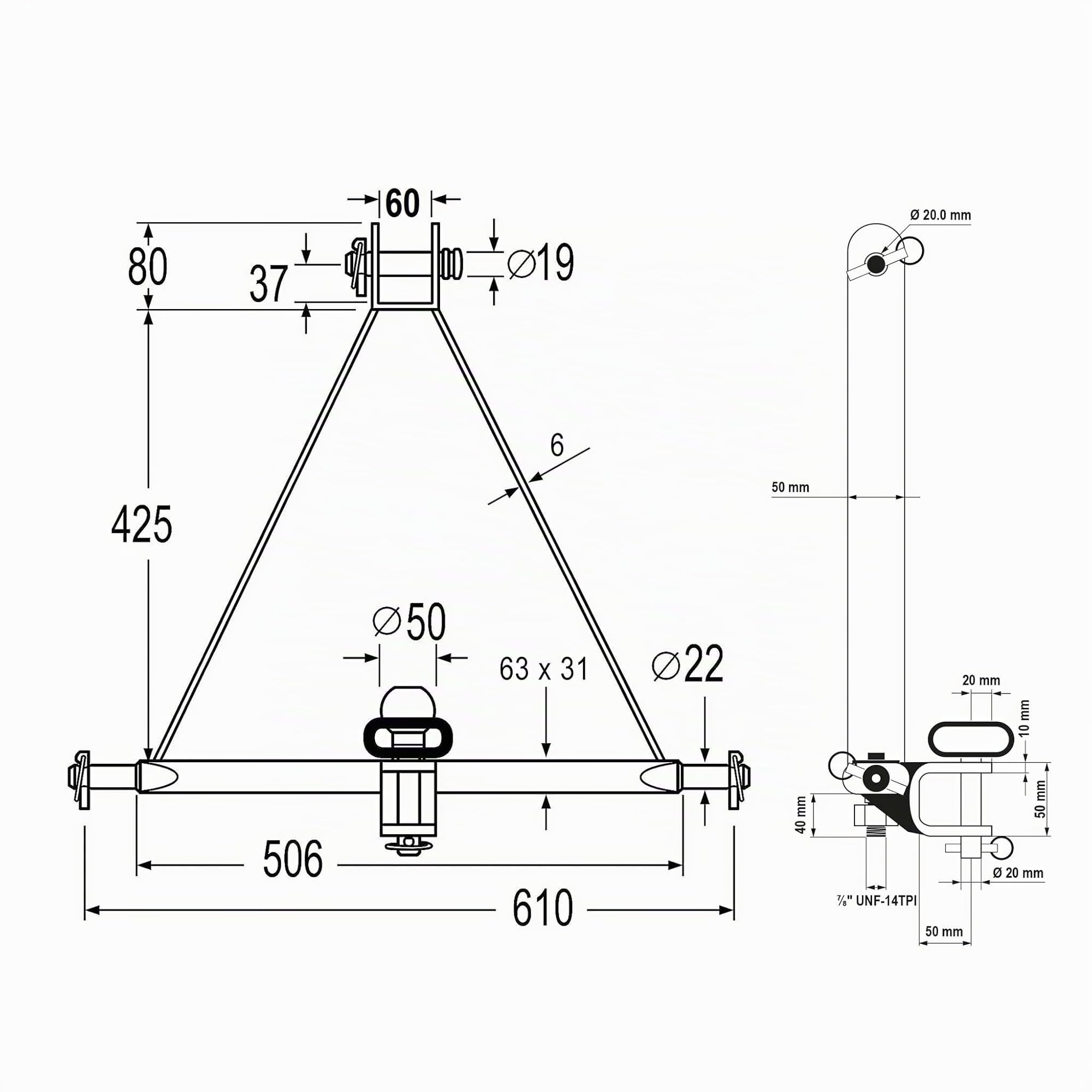 WilTec Triangle d’attelage 610 mm Barre Remorquage Agricole Rail Triangulaire Cat. 1 Anti-Rotation