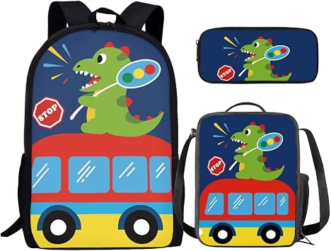 Cute Dinosaur School Backpack Set 3Pcs Lightweight Casual Daypacks with Lunch Bag Pen Bag Set Lightweight Portable Lunch Box Elementary Middle School Kids Backpack