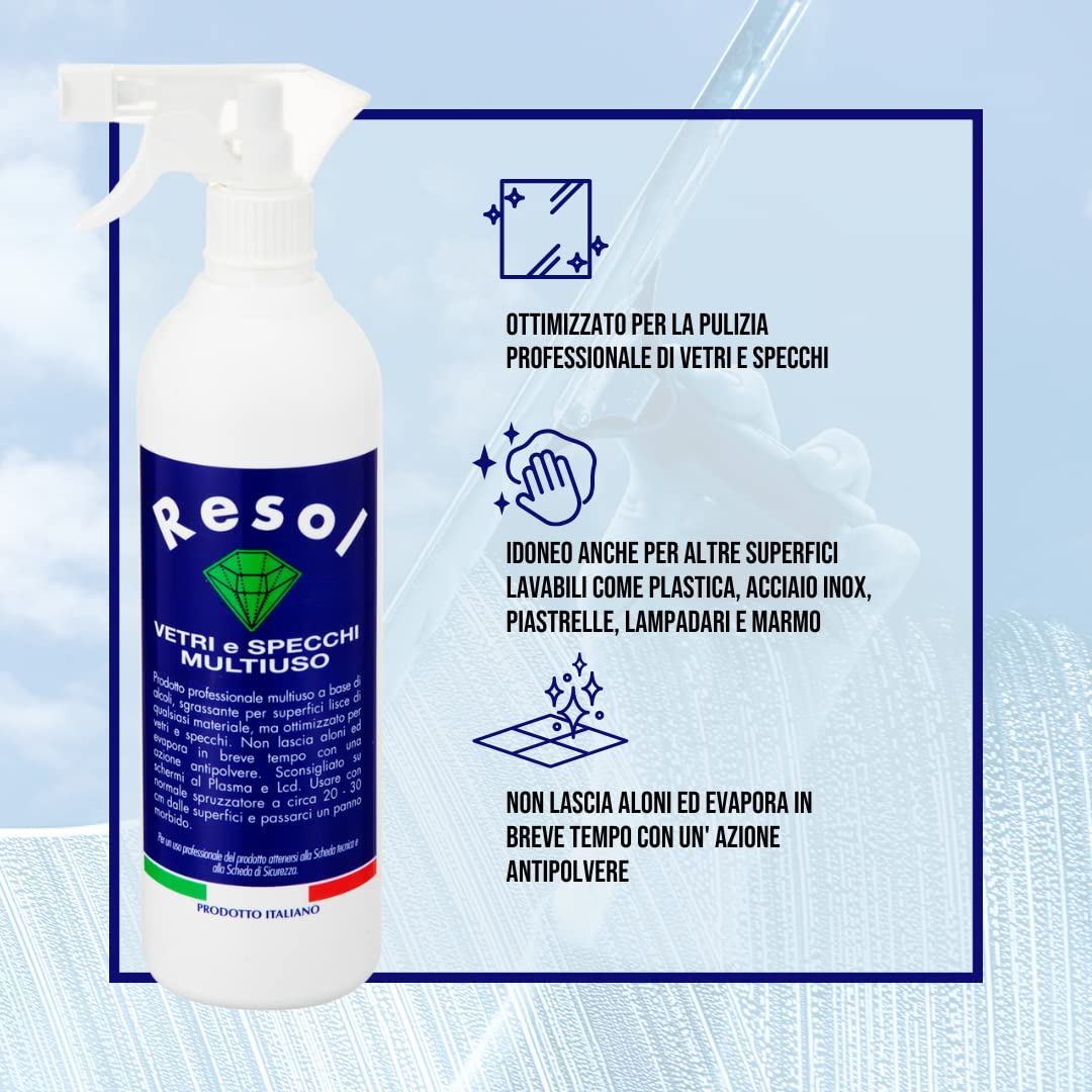 RESOL Spray vetri 750ml Detersivo vetri Igienizzante professionale Detergente vetri azione antipolvere
