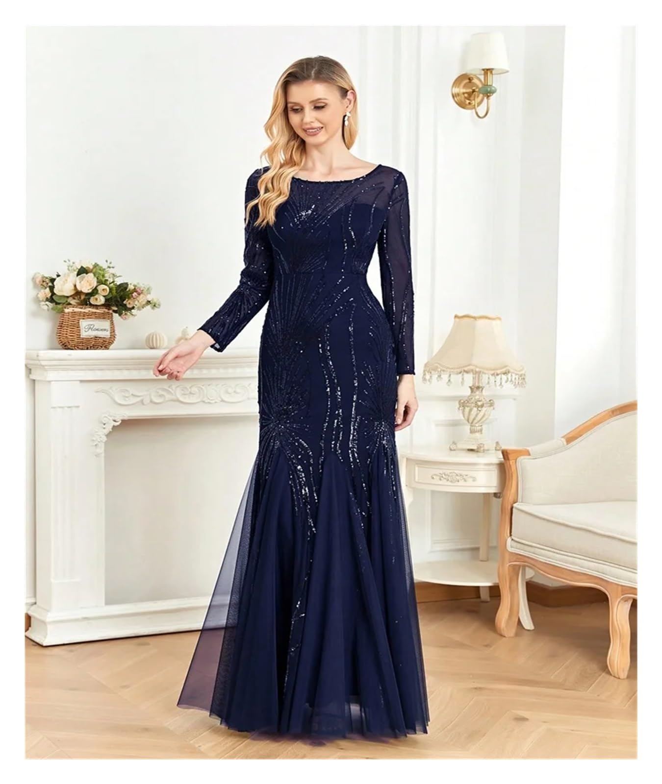 Vestido de Graduación para Mujeres Elegantes Vestidos de Noche de Tul con Lentejuelas y Mangas largas, Estilo Sirena, Formales, for Dama de Honor y Fiesta Maxi(Champagne,M)