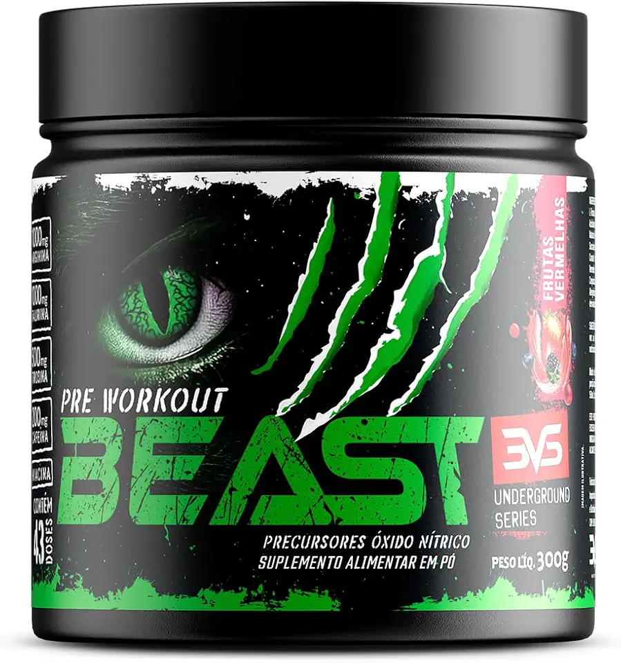 3VS Nutrition Pré-Treino Beast 300g Sabor Frutas Vermelhas · Cafeína 200mg + L-Arginina + Taurina · 43 doses