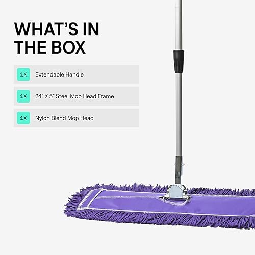 Miniatura 2 de Trapeador de polvo comercial morado de 24 pulgadas y barredora de piso con mango extensible, mopa para limpieza de suelos de madera, azulejos y