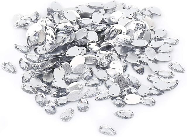 200 Pieces Rhinestone Buttons, 2 Colours Acrylic Resin Flatback Sewing on Teardrop Shaped Crystal Accessories with 2 Holes for DIY Craft Decoration (White)