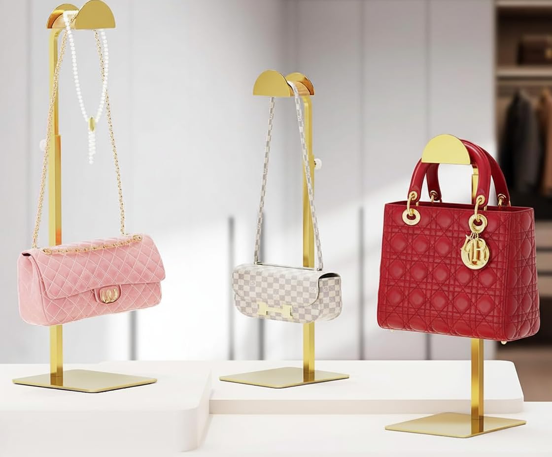 3 Pack Purse Display Stand, Adjustable Height 14.27"–24" Handbag Stand Stainless Steel with Wood Hook for Closet, Vanity & Retail Display – Gold