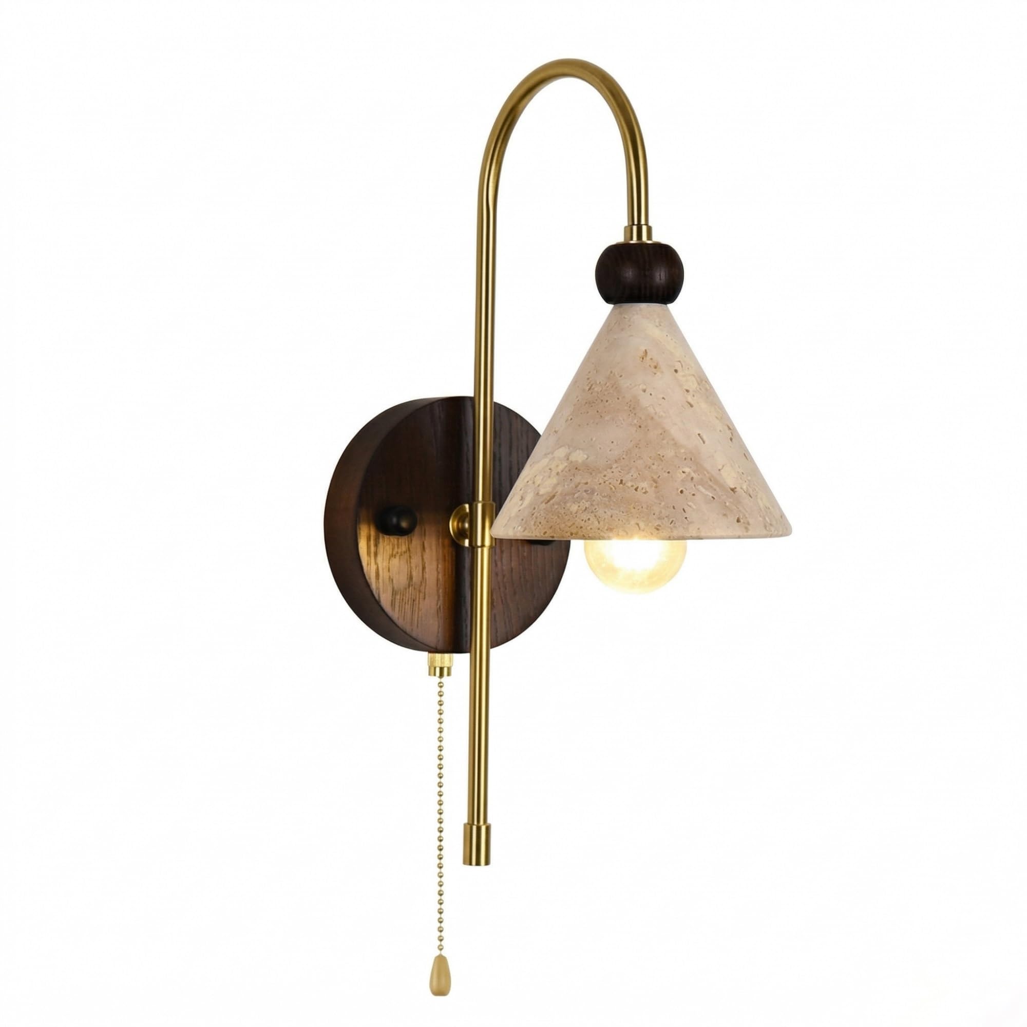 NHPJFDC Modern Travertine Wall Sconce, Retro Solid Wood Wall Light Fixture with Pull Chain Switch, Minimalist Stone Cone Sconce for Bedroom, Living Room, Hallway, Tea Room