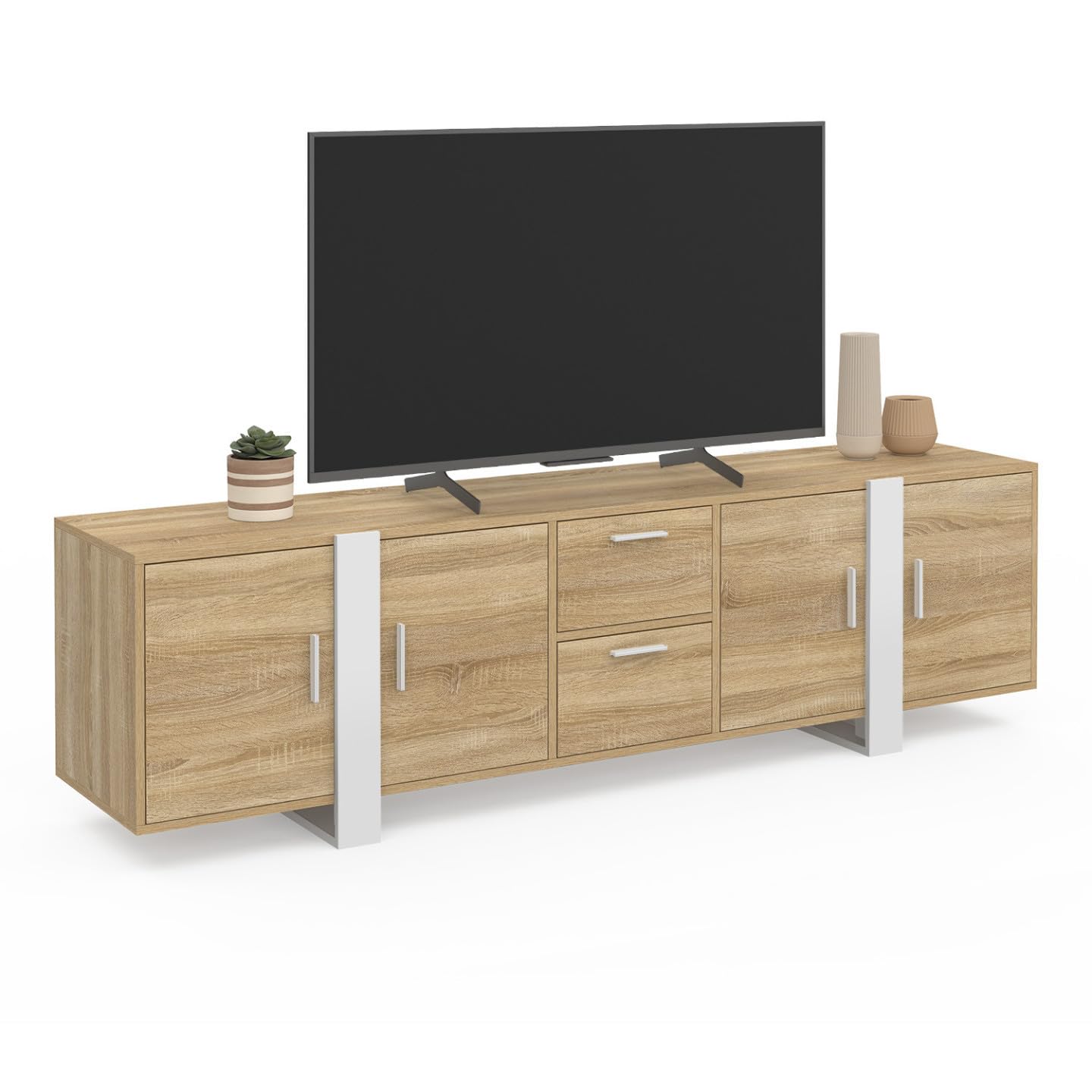 IDMarket - Meuble TV 180 cm Phoenix 4 Portes + 2 tiroirs Bois et Blanc