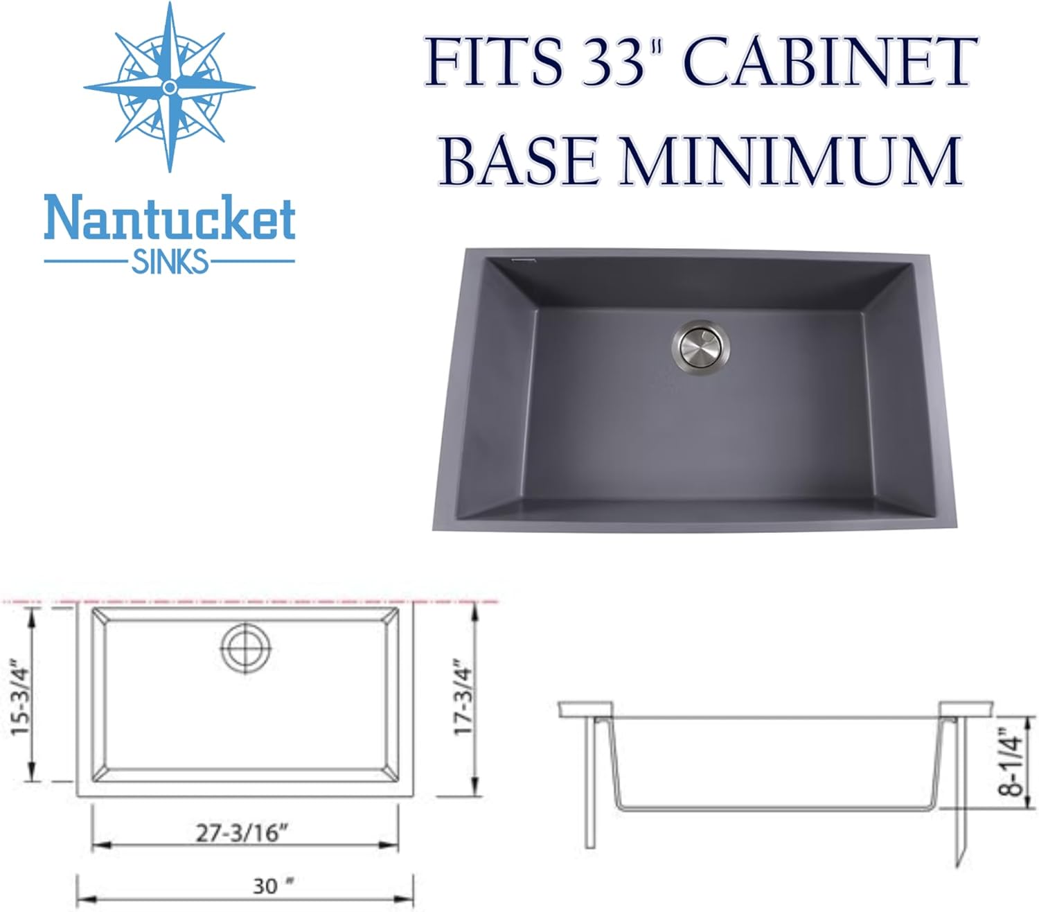 Nantucket Sinks Matte Titanium Gray Kitchen Sink – 30" Granite Composite Undermount Kitchen Sink, Rectangular Single Bowl, Made in Italy, Heat & Stain Resistant – Plymouth Collection PR3018-TI