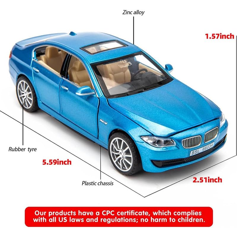 Image of Kids Model 1:32 BM 535I Die Cast Metal Car Pull Back Action Opening Doors with Realistic Engine Sound Lights Toy Car Gift for Boys - Blue