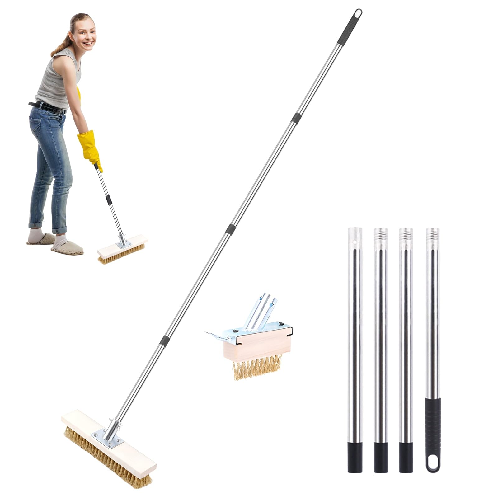 Heavy Duty Wire Broom Set 30CM Floor Brush & Crevice Brush Weed Moss Brush Grout Remover Patio Cleaning Brush with 160CM Handle Stiff Metal Bristle Outdoor Scrubbing Brush for Driveway Path Paver Deck
