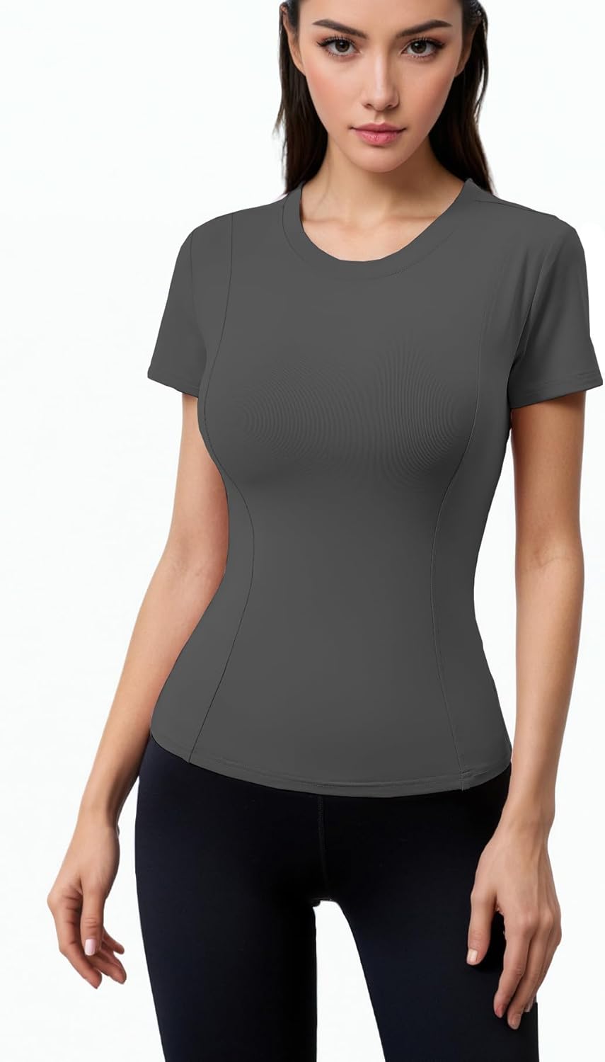 Women Elastic Workout Shirts Breathable Compression Quick Dry Gym Lightweight Basic Fitted Tops - Image 5