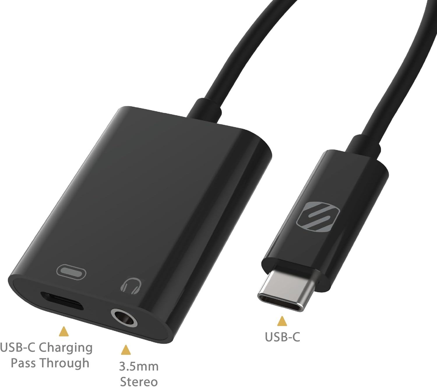 Scosche CAAP StrikeLine USB Type-C Headphone Adapter with Female 3.5mm Aux Input and USB-C Charging Port for Mobile and Music Devices, Black