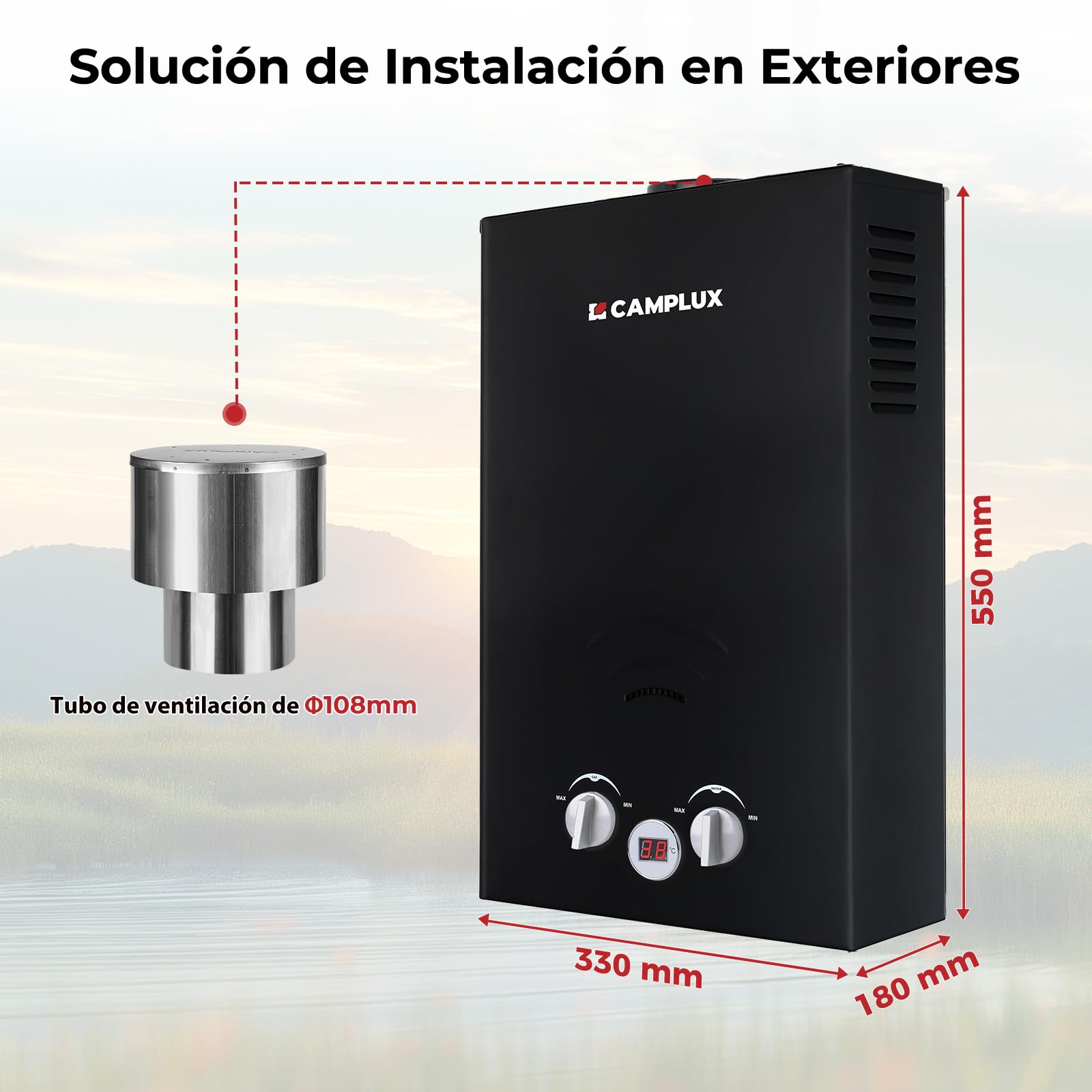 CAMPLUX Calentador de Agua de Gas con Bomba de Agua y Filtro, 10 Litros, GLP, 50mbar, 20kW, BW264BCP120-DE