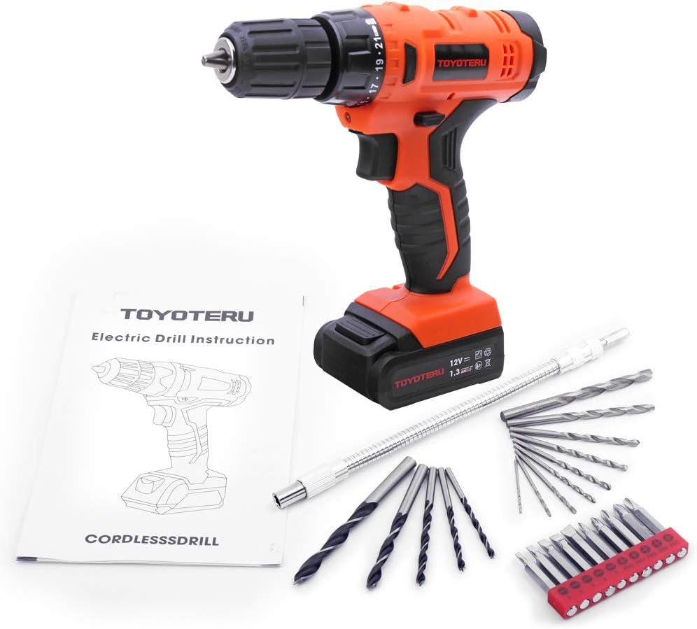 TOYOTERU 12V PRO Cordless Drill with 1300 mAh Li-ion battery, 20 Position,3/8-Inch Keyless Clutch, Variable Speed Switch, Working Light, 25 Pcs Drill/Screwdriver Bit Accessory Set
