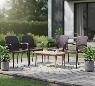 Supreme Texas Heavy Duty Armrest Plastic Chair for Home, Garden, Office, Indoor/Outdoor Use (Color: Globus Brown, Set of 4) Price In India