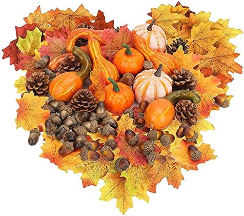 166 Pcs Thanksgiving Artificial Pumpkins Decorations Set with, Maple Leaf, Foam Pumpkin, Small Acorns, Pine Cones and Gourds for Autumn, Festival Halloween, Fall Harvest Home Table Decoration
