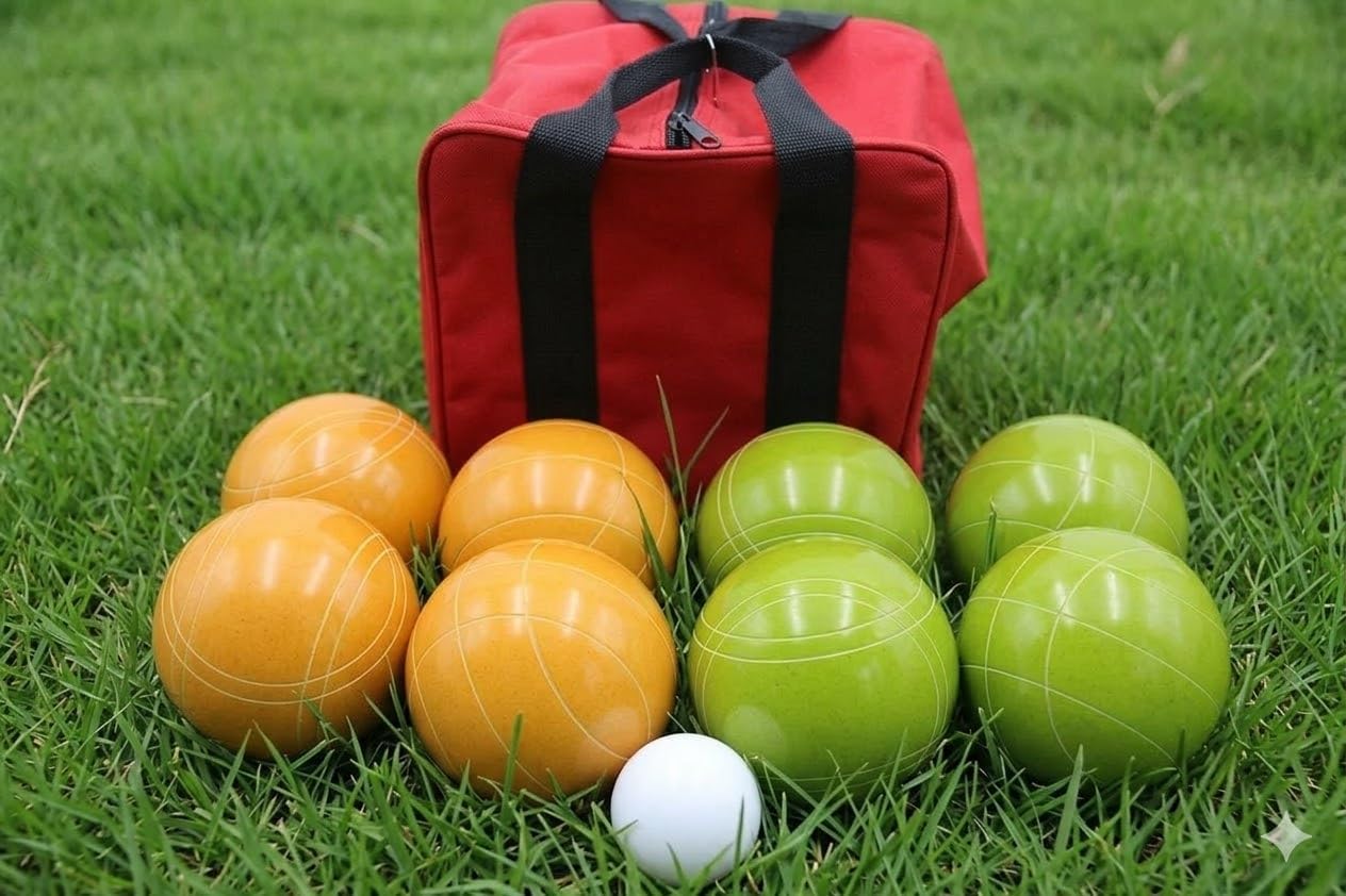 BuyBocceBalls Listing - Made in USA, Premium Quality Tournament Bocce Set - 110mm Lime Green and Yellow Balls, Nylon red Bag, 998 Grams (2 lbs. 3.2 oz.). Various Bag Colors