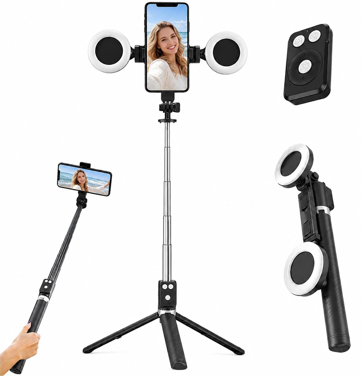 Trípode de teléfono extensible para grabación de video sin vibraciones con luz 8