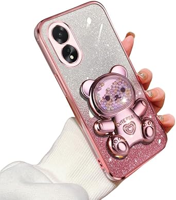 Cases Compatible with Oppo A38 4G/A18 Cover,Soft Silicone Electroplated Case,Designed Cute Bear Folding Stand Holder for Women,Camera Lens Protector Shockproof Phone Case for Oppo A38 4G/A18 A