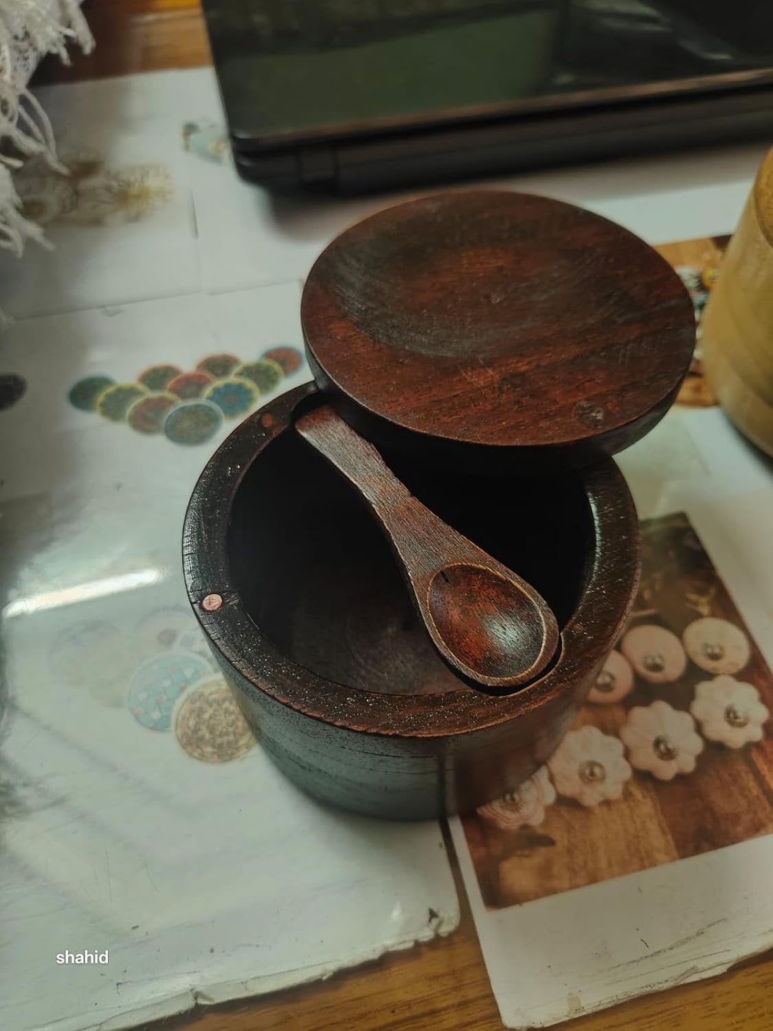Salt Cellar, Acacia Wood Salt Container with Built-in Spoon & Swivel Lid, Engraved SALT Box, Salt Holder Bowl for Home and Kitchen