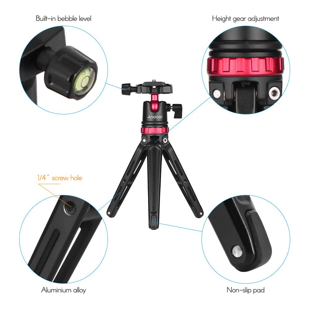 Andoer Mini statyw stołowy z panoramiczną głowicą kulową, głowicą kulową, płytką szybkozłączną, poziomica, śruba 1/4 cala, do GoPro Hero 6/5/4/3+ do Yi Lite 4K