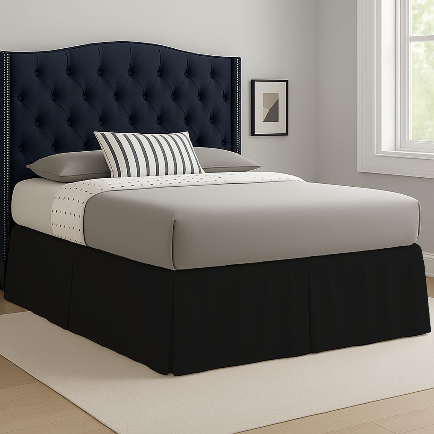 Laam linen Easy Care Plain Dyed Polycotton Pleated Base Valance Sheet Hotel Quality Bedding Sets (Black, King)