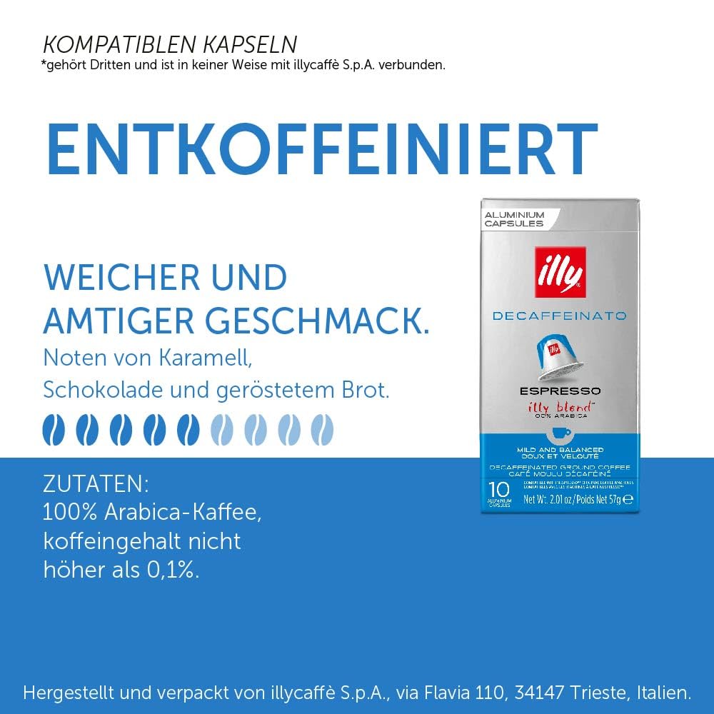 illy Kaffee DECAFFEINATO, intensive Röstung, in kompatiblen Kaffeekapseln* - 10 Verpackungen zu je 10 Kapseln