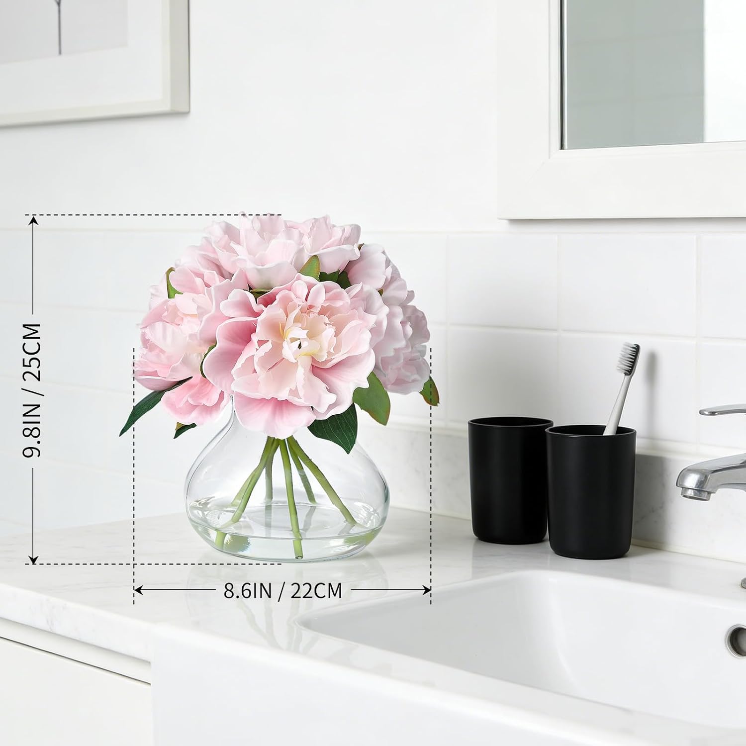 Garvee Pink Peonies Artificial Flowers with Glass Vase, Silk Faux Peony Flower Arrangement with Faux Water, Fake Flowers in Vase for Table Centerpieces, Shelf Bathroom Decor, Home & Wedding Decoration