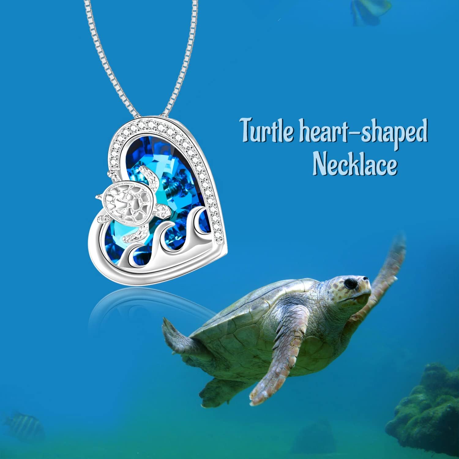 POPKIMI Sea Turtle Heart Necklace for Women Sterling Silver Crystal Turtle Pendant Birthday Animal Health and Longevity Jewelry Gifts