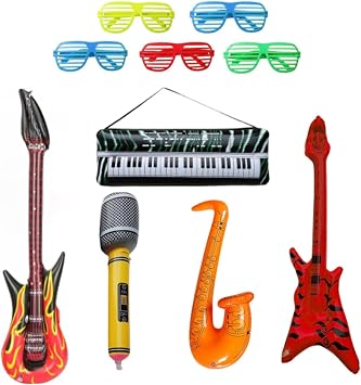 10 PCS Inflatable Instruments Party Set, Flame Guitar with Microphone Saxophone Bass Keyboard and 5 Glasses in Random Colours, Musical Party Props for Events and Gatherings